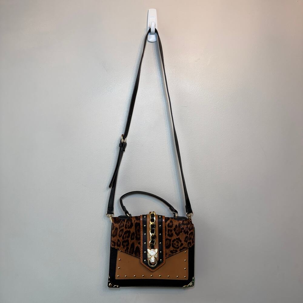 Aldo Baro Top Handle Bag Crossbody Purse Jeweled Cat Cheetah Print